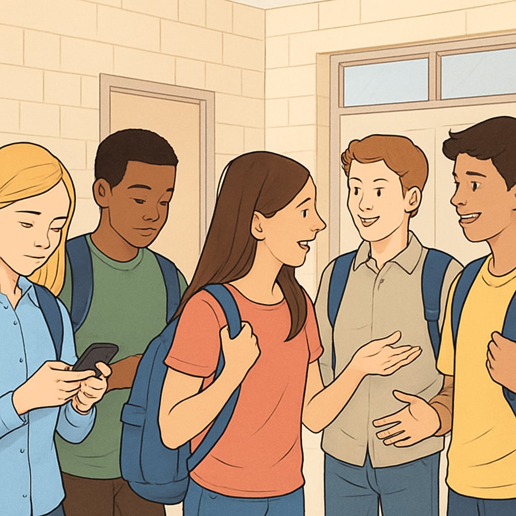 A group of students at school, some looking at their phones, while others engage in conversation. Students in a public school setting, discussing and using mobile phones.