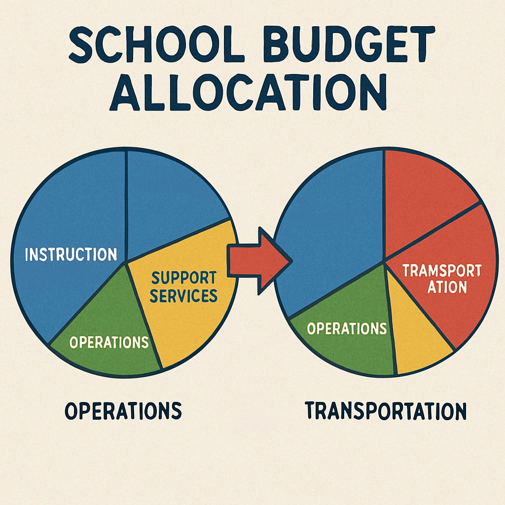 A conceptual representation of school budget allocation, visualized as pie charts with highlighted sections indicating funding transfers. Funding transfers and school budgets visualized as pie chart allocation.