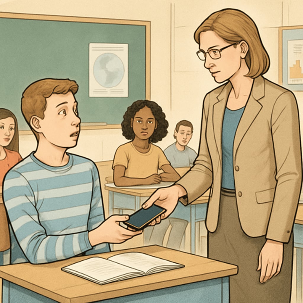 A teacher confiscating a student's phone during class as other students watch attentively. A teacher enforcing the mobile phone ban in a classroom setting.