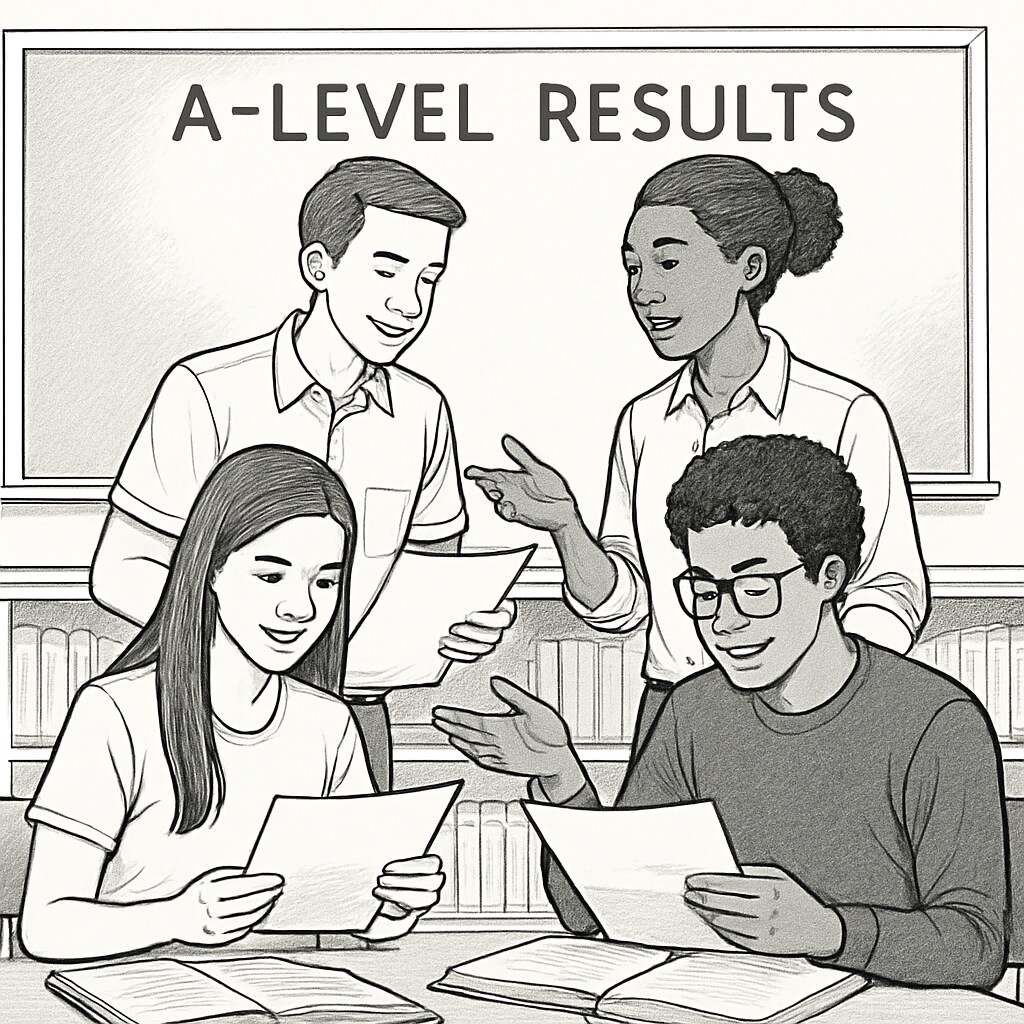 Students reviewing their A-level results and discussing future education options. Students analyzing A-level成绩,基础年课程,教育选择 (A-level results, foundation courses, educational choices).