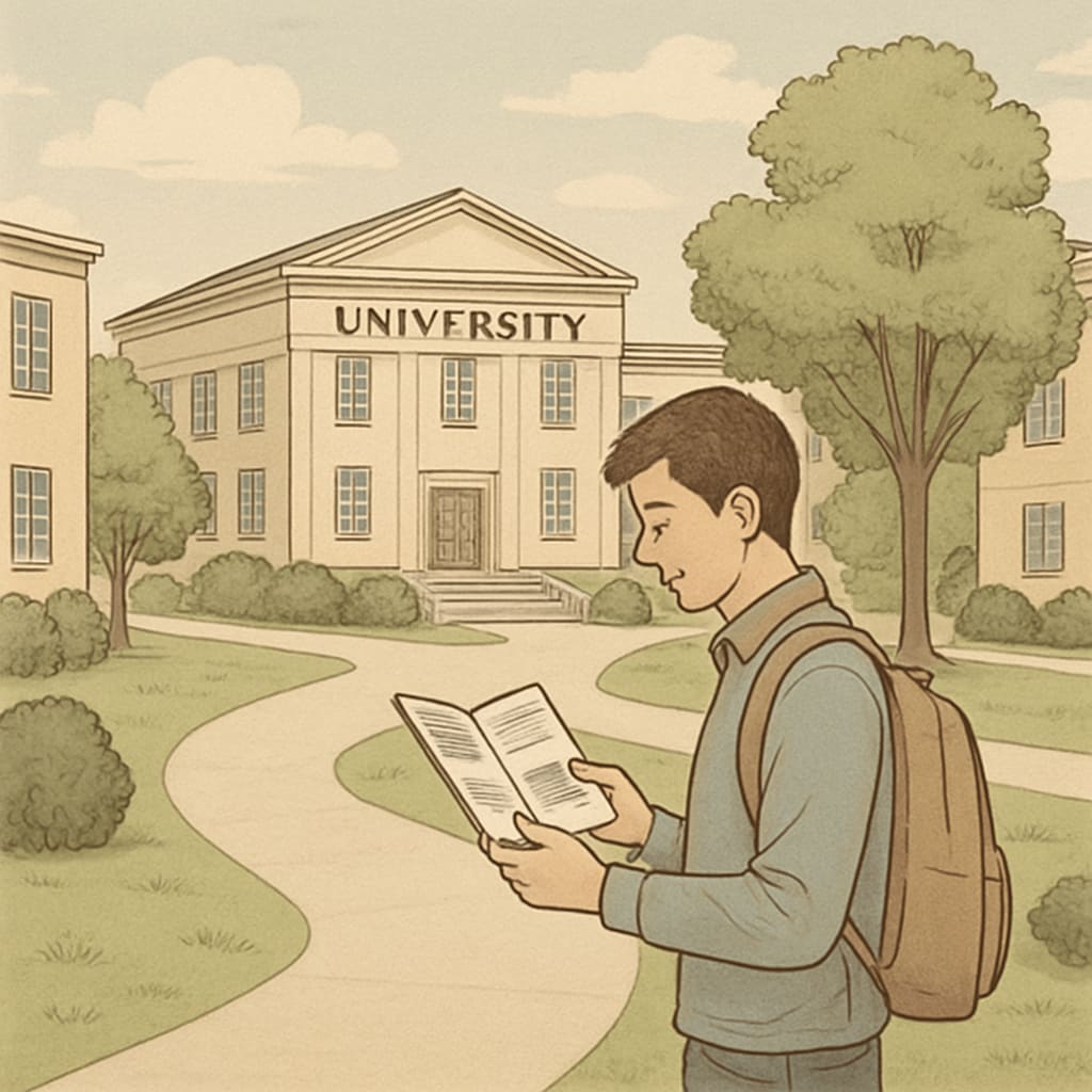 A student visiting a university campus with lower rankings to explore academic options. A student researching lower-ranked universities as part of their educational choices after A-level results.