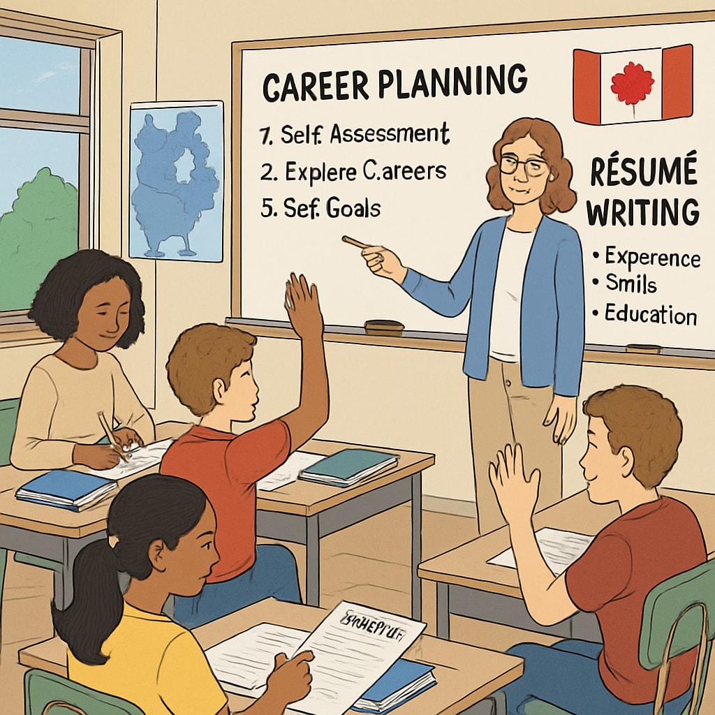 A Canadian classroom where students are learning career planning and resume writing. Canadian students participating in a career planning workshop that includes resume writing.