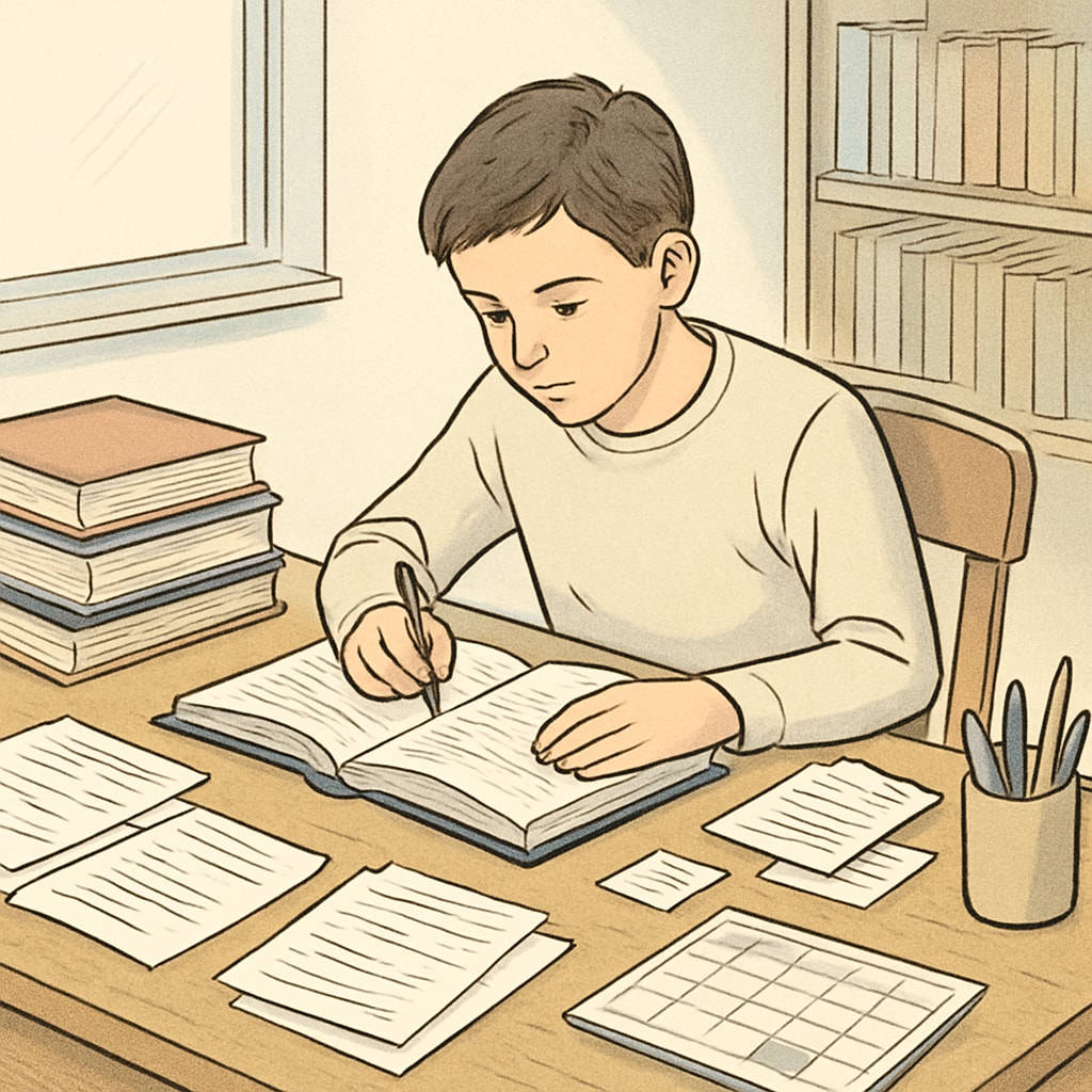 A student studying with textbooks and notes, illustrating preparation for A-Level retakes. A-Level exam preparation with textbooks and notes.
