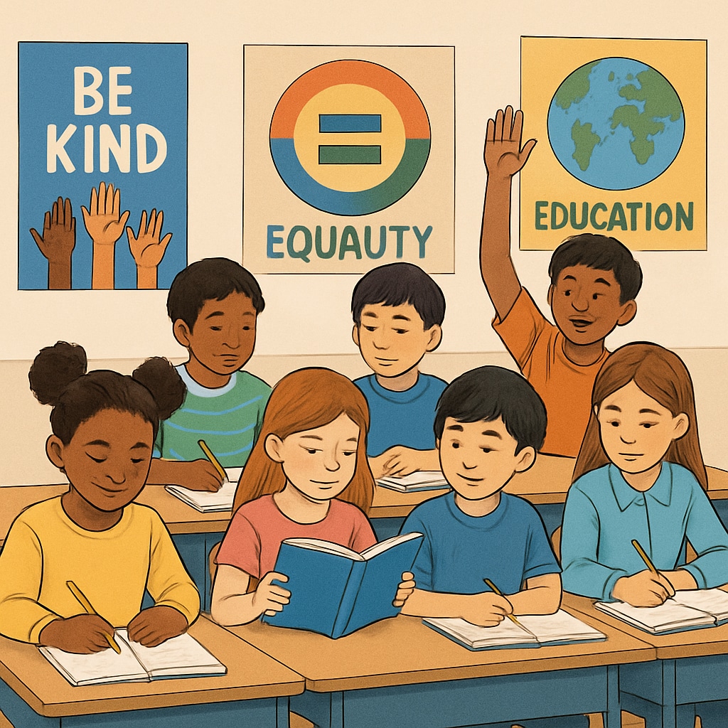 A classroom with diverse students and posters promoting inclusivity and equality on the walls, symbolizing wokeness in education. A classroom emphasizing inclusivity and equality, symbolizing wokeness in schools.