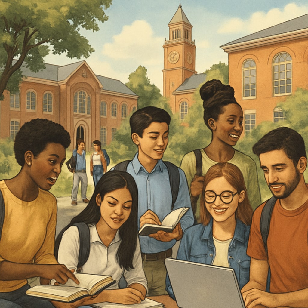 A diverse group of international students on a university campus, symbolizing foundation programs abroad. International students on a university campus for foundation programs.