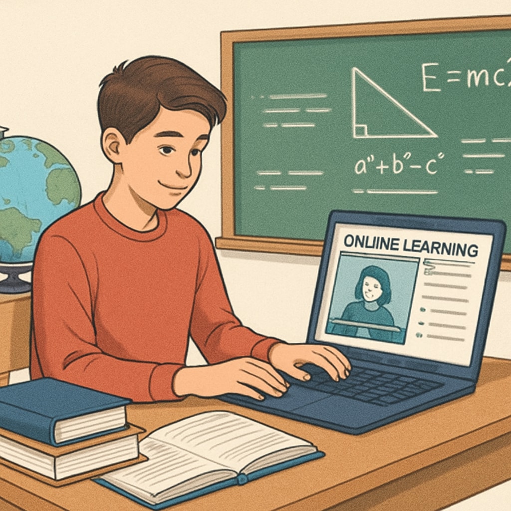A high school student using a laptop to access online learning resources, symbolizing the accessibility of digital education. High school student exploring online educational resources.