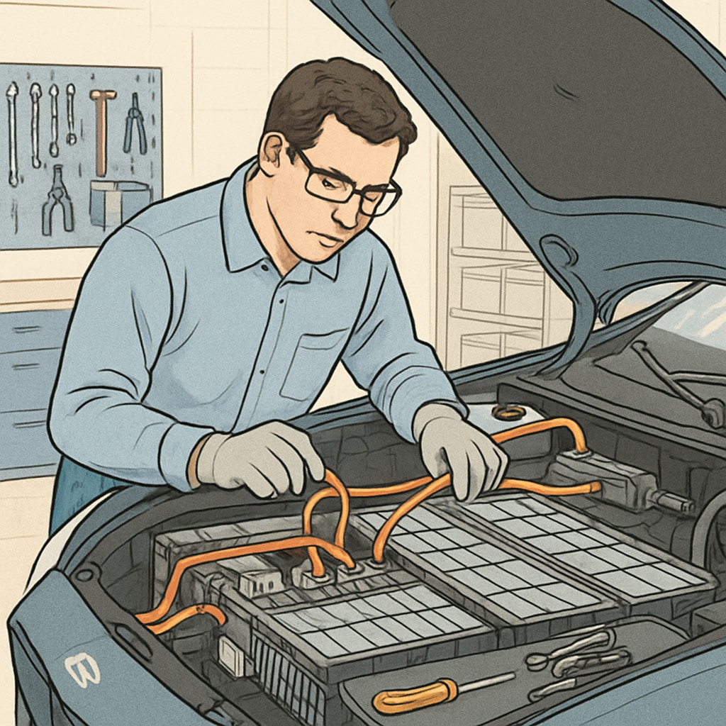 A technician working on an EV battery system in a professional workshop. Technician working on an EV battery system, showcasing electrical skills in the automotive industry.