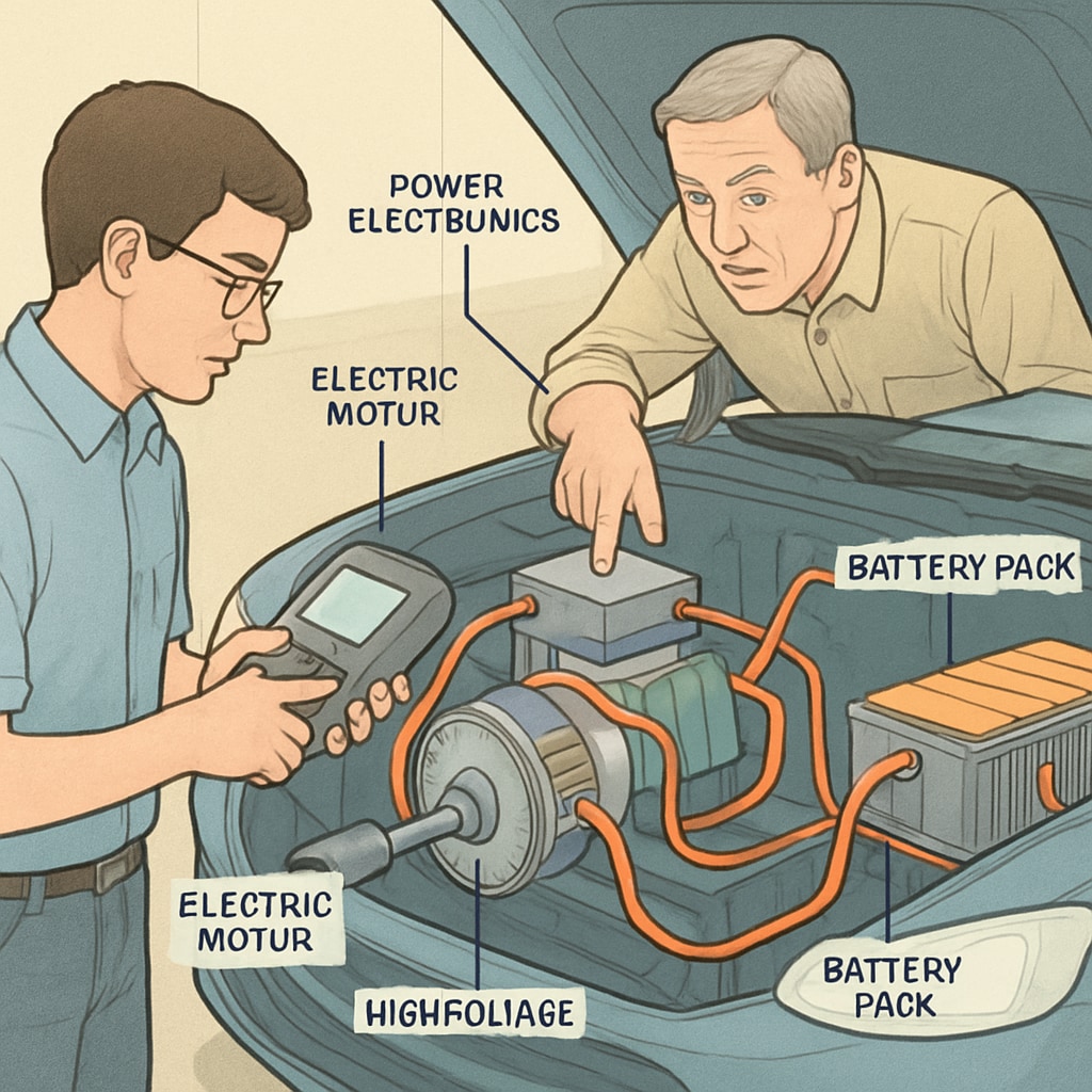 An apprentice working alongside a mentor to troubleshoot an electric vehicle's powertrain system. Apprentice and mentor diagnosing an electric vehicle's powertrain, highlighting hands-on learning.