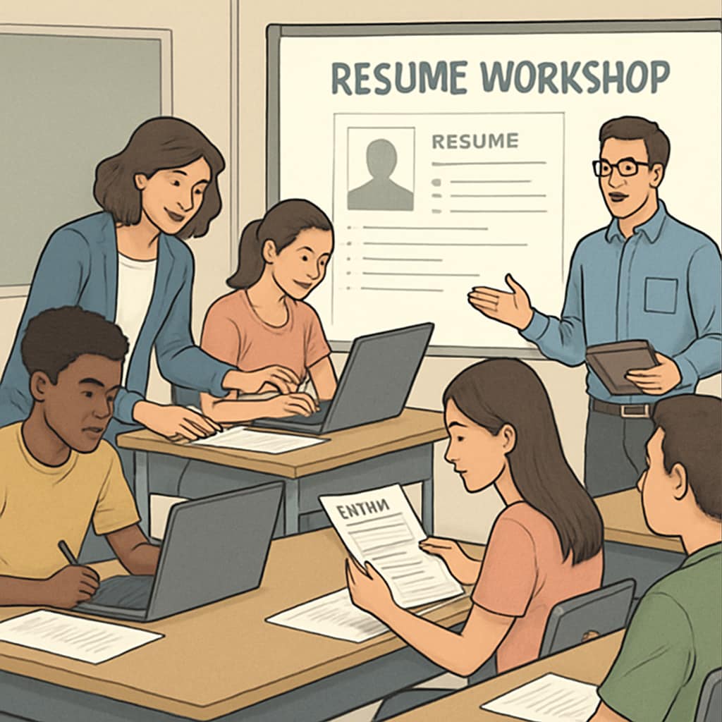 A classroom setting showing students and teachers engaged in a resume-building workshop. Students and teachers participating in a resume-building workshop in Canada.