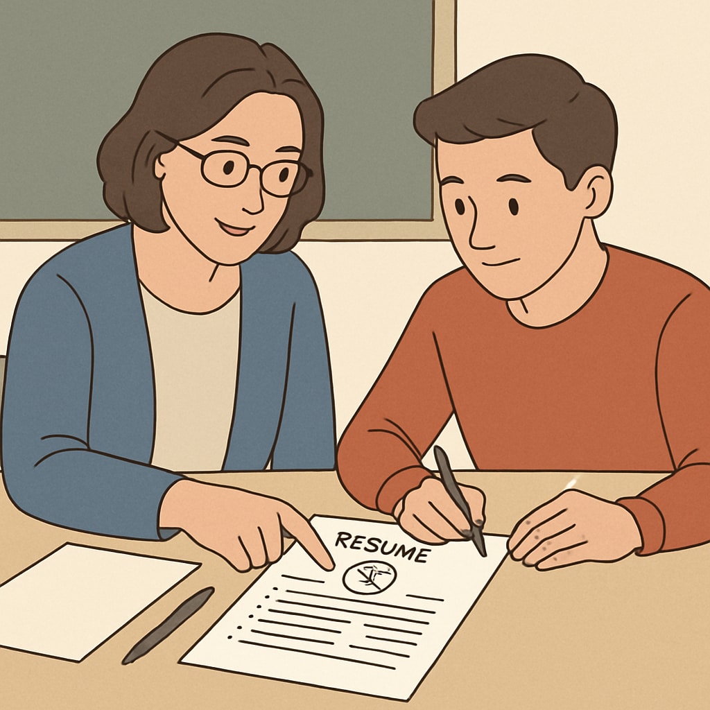 A close-up of a resume draft being reviewed by a teacher and student. Teacher and student reviewing a resume draft during a career planning session.
