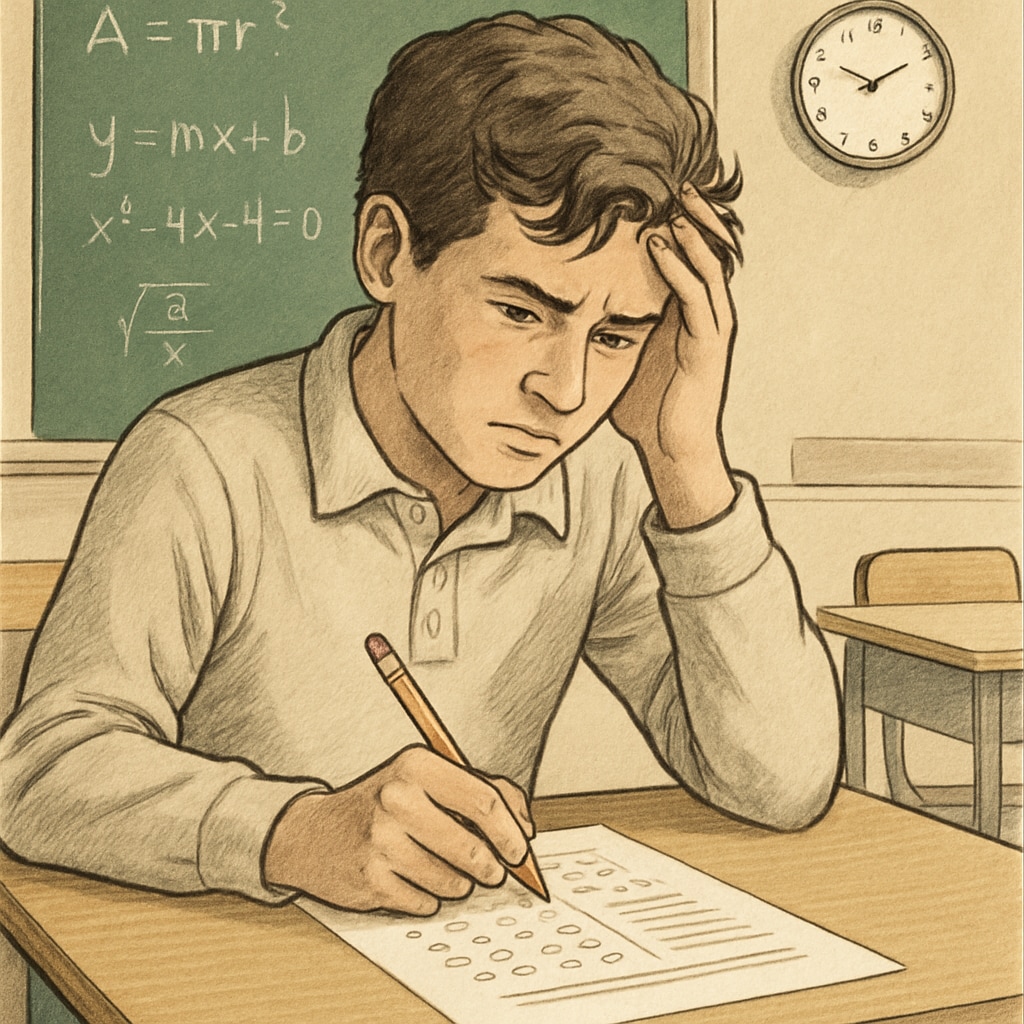 A high school student appearing stressed while working on a multiple-choice math exam. A student experiencing math test anxiety during a multiple-choice exam.