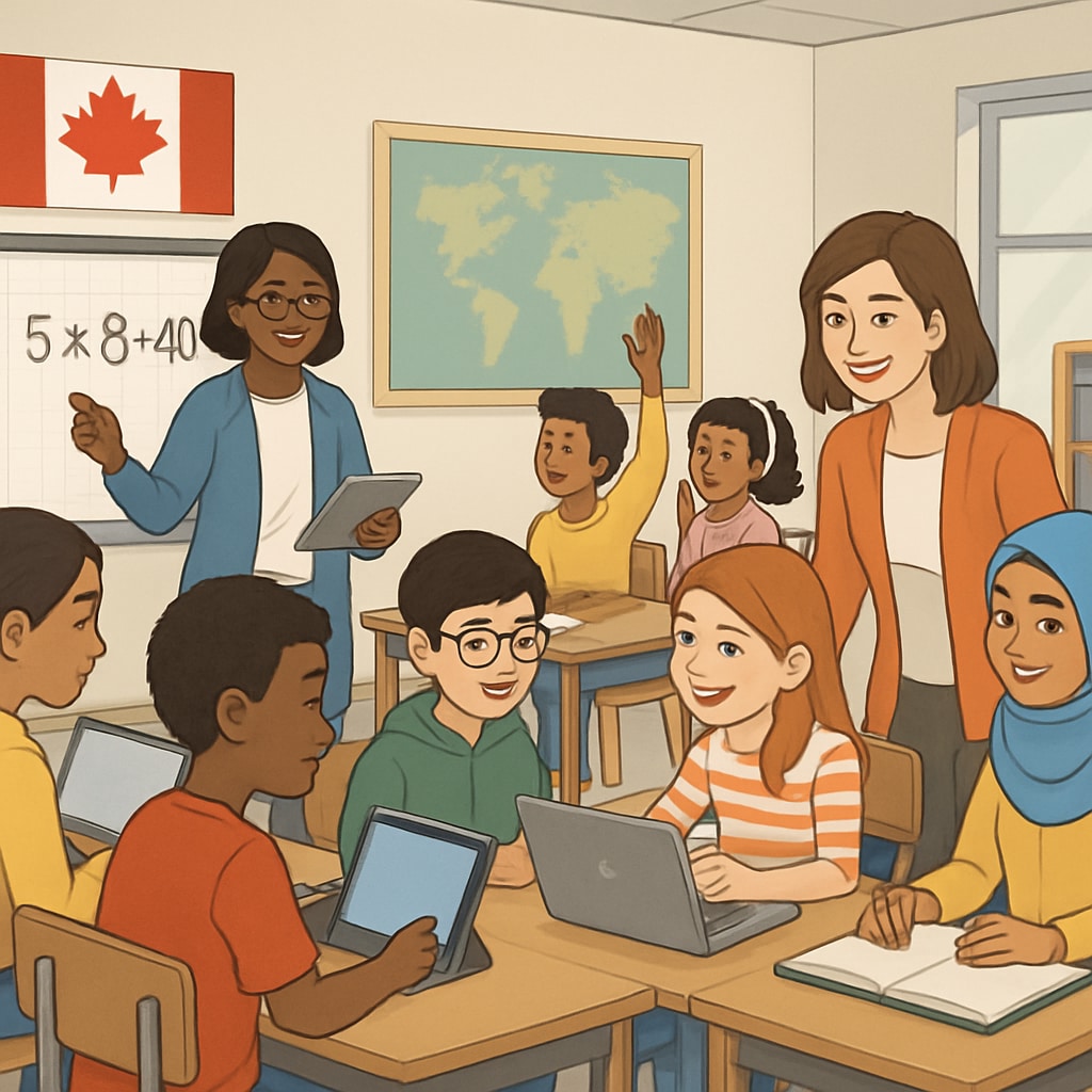 A visual representation of Canada’s diverse K12 classrooms, highlighting inclusivity and technology use. Canadian K12 classroom diversity and technology integration