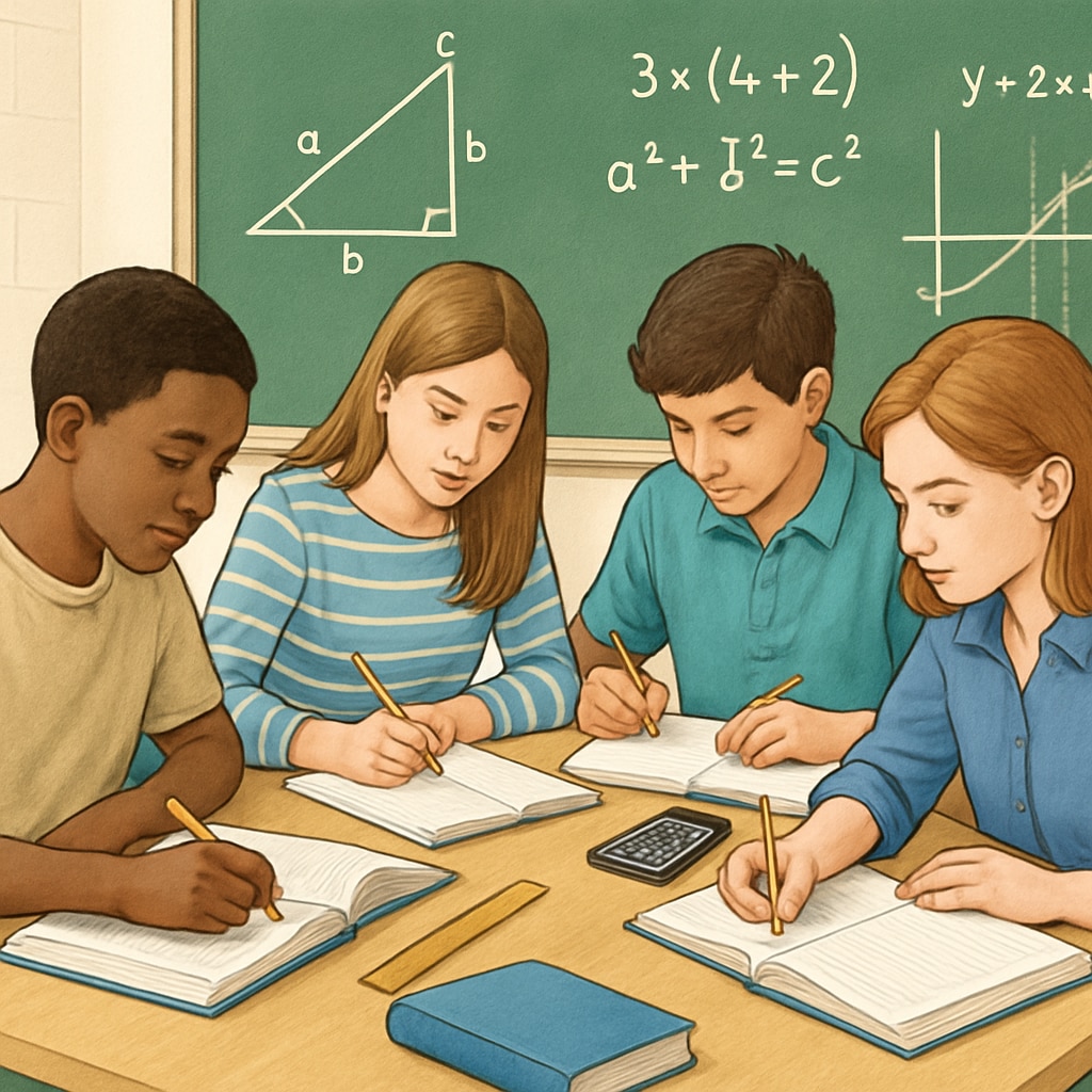 A group of students studying math together, appearing focused and engaged. Students preparing for math exams collaboratively, building confidence and reducing anxiety.