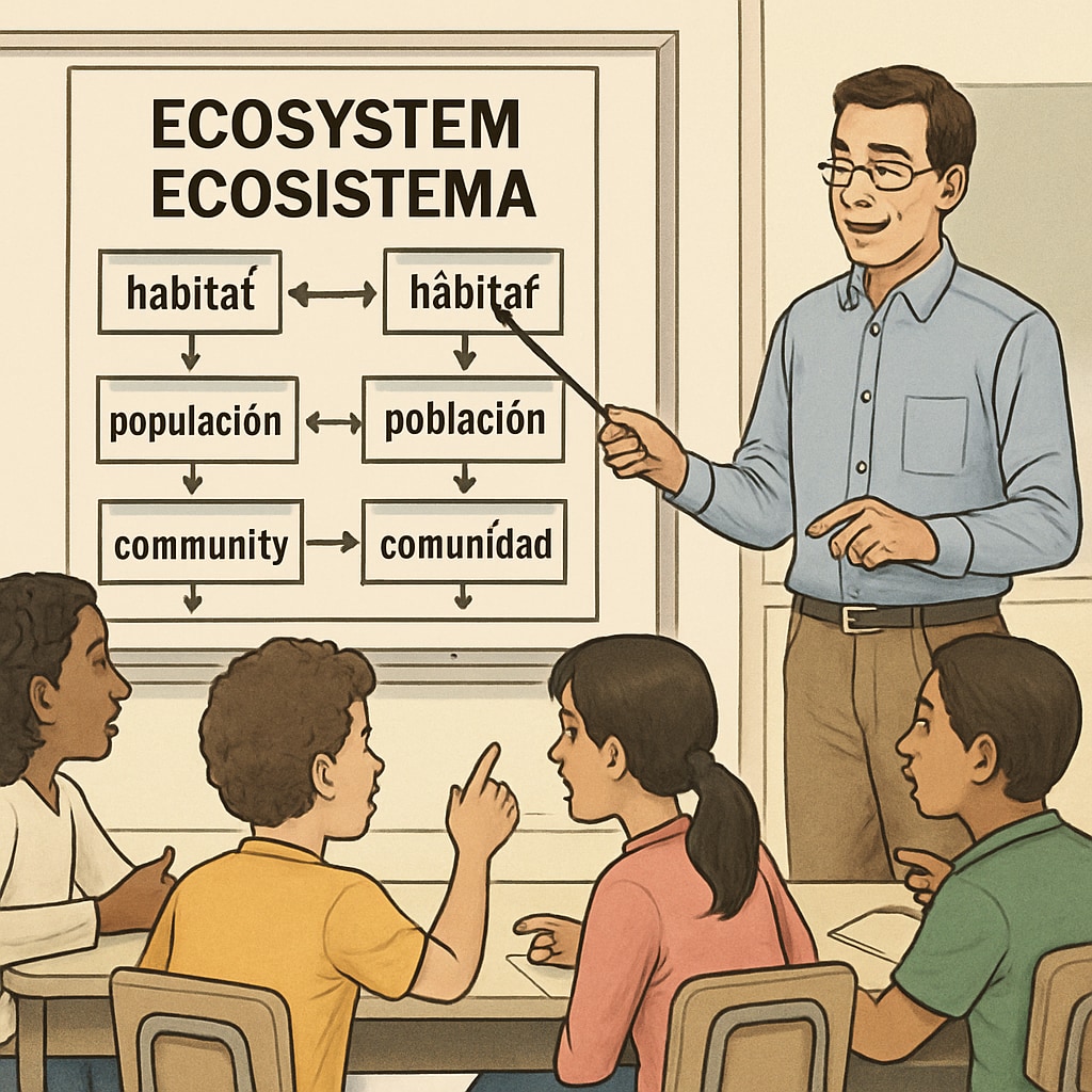 A science teacher engaging students by using a bilingual chart about ecosystems. The chart includes terms in English and another language, with students discussing in groups. A bilingual chart used in a science class with English Language Learners.