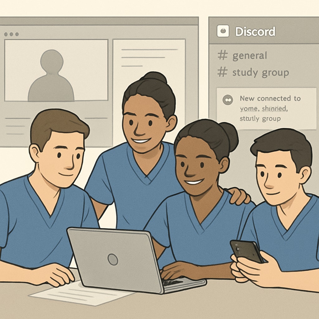 Nursing students collaborating in an online learning group, symbolizing the integration of digital tools like Discord in early education. Nursing students in a virtual learning group discussing with the help of Discord.