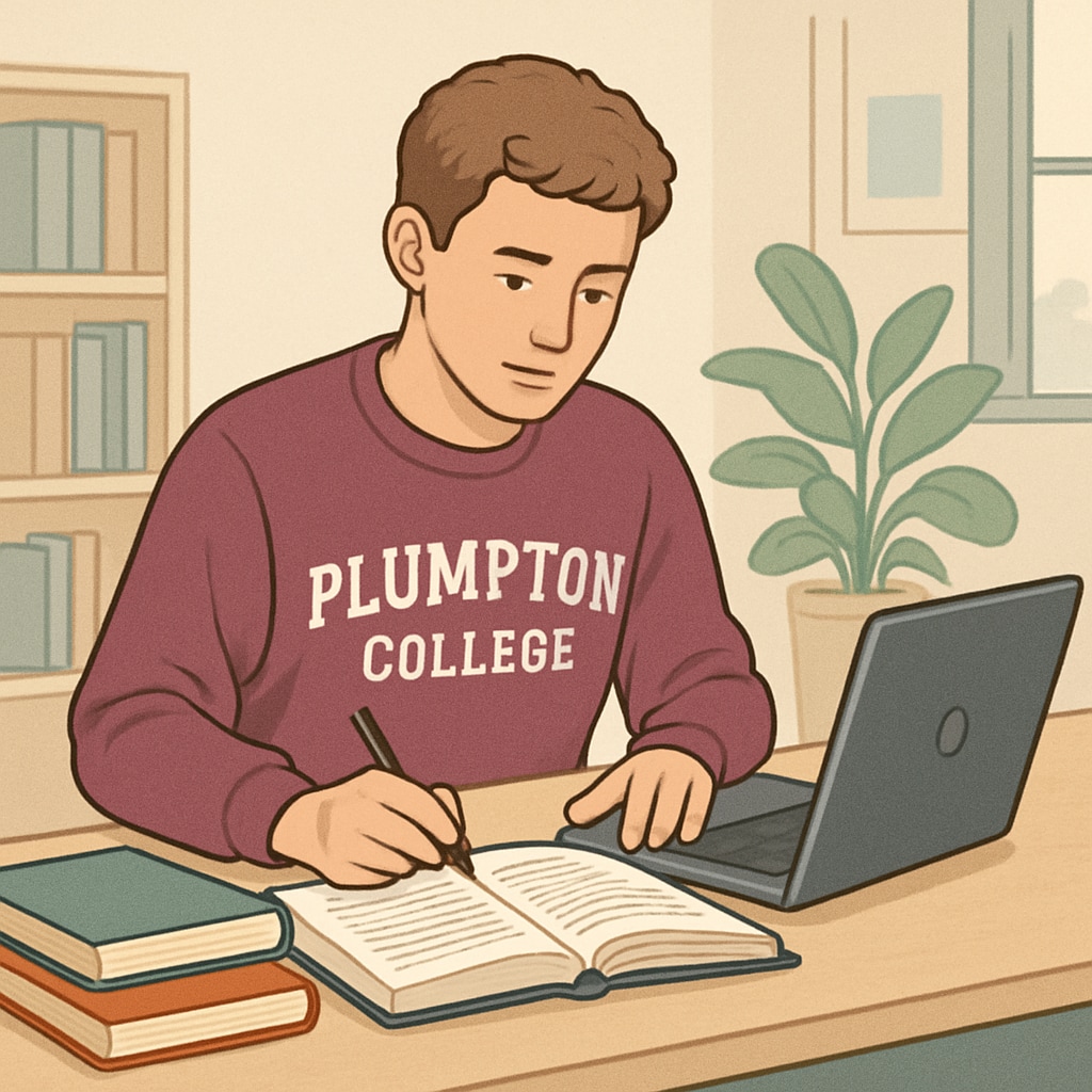 A student at Plumpton College studying with books and a laptop, showcasing a balance between academic work and relaxation. Plumpton College student studying for GCSE exams with books and a laptop.