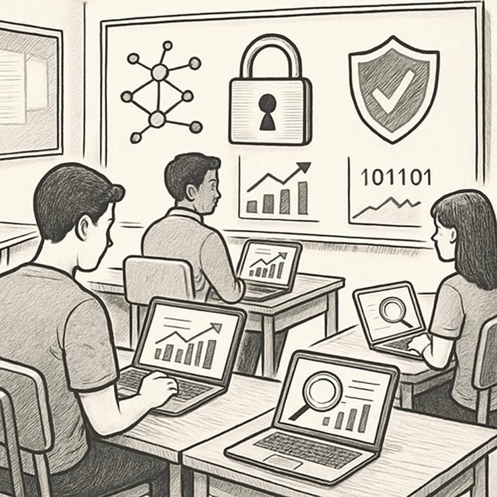 A classroom with students using laptops to learn cybersecurity and data analysis concepts. Students learning cybersecurity and data science in a K12 classroom.