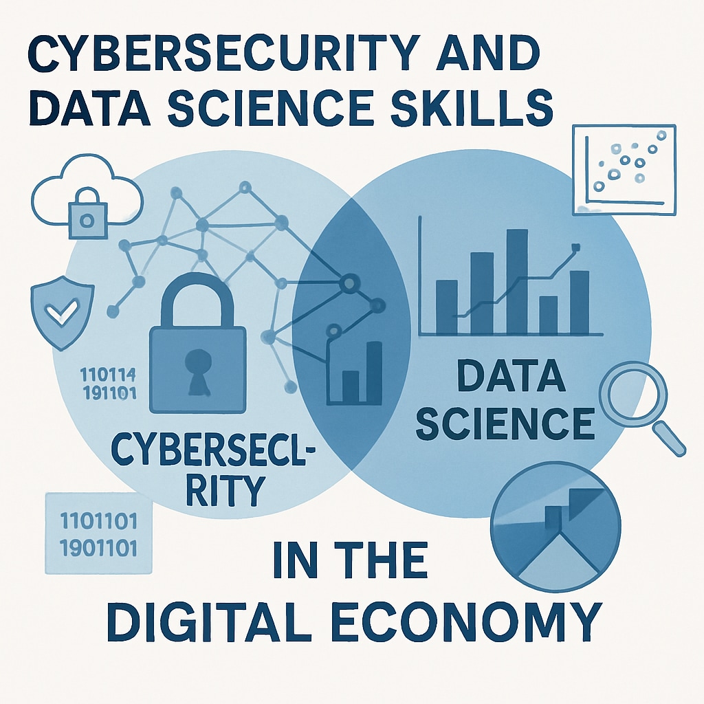 A graphic showing the intersection of cybersecurity and data science skills, emphasizing their growing importance in the digital economy. Graphic showcasing the relationship between cybersecurity and data science skills.