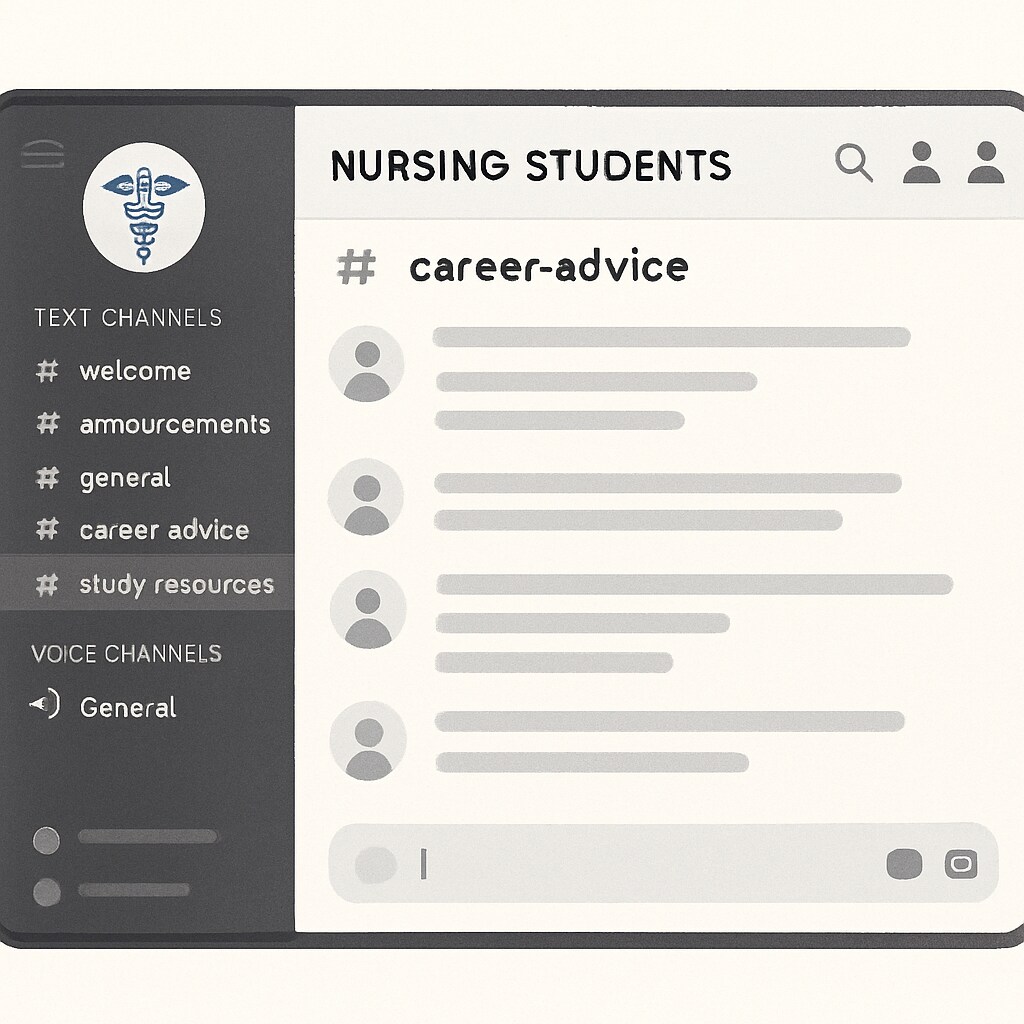 A screenshot of a Discord server interface tailored for nursing students, showcasing categorized channels like “Career Advice” and “Study Resources.” A Discord server interface for nursing students with learning resources and career advice channels.
