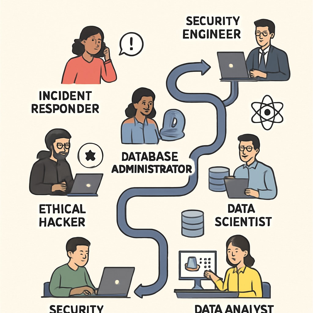 A career roadmap showcasing roles in cybersecurity and data science, such as ethical hacker and data analyst. Visualization of career options in cybersecurity and data science.