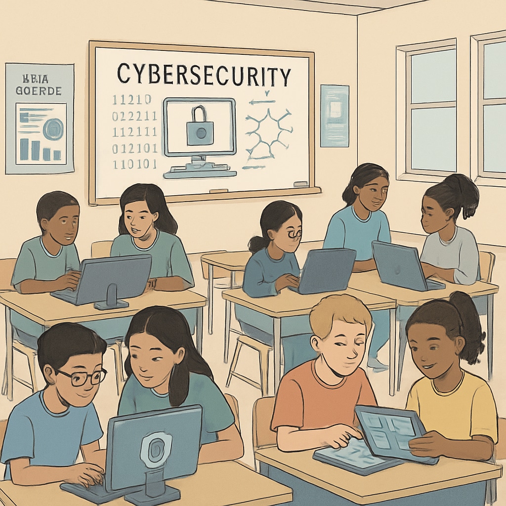 An image of K12 students actively working on cybersecurity and data science projects in a classroom setting. K12 students engaged in collaborative cybersecurity and data science activities.