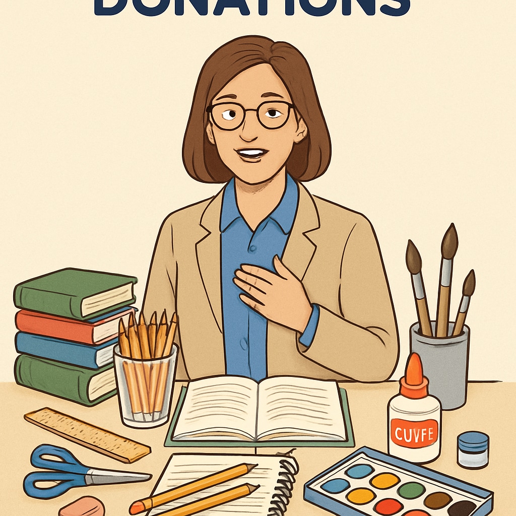 A teacher surrounded by classroom supplies donated through a community initiative. A teacher with classroom donations and teaching supplies.