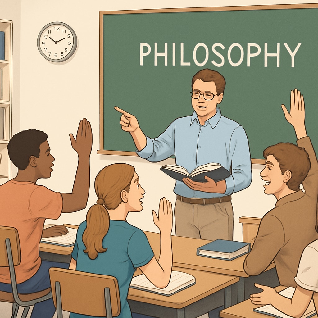 A classroom of students engaged in a philosophical discussion, guided by their teacher. Philosophy teacher leading a discussion in a K12 classroom.