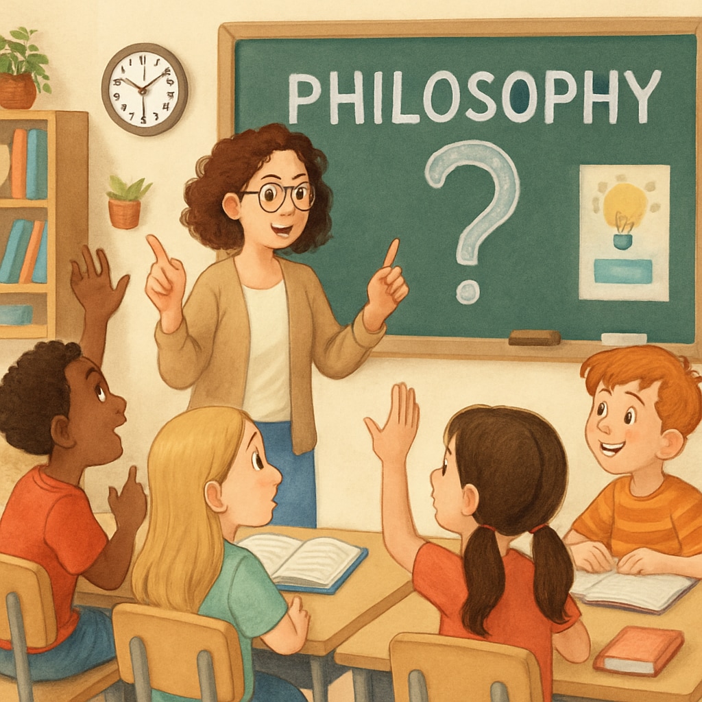 A teacher conducting an interactive philosophy lesson with young students. Volunteer philosophy teacher teaching critical thinking to young learners.