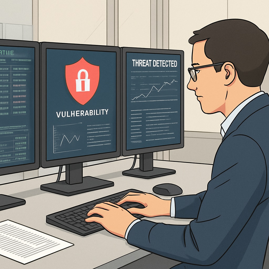 A close-up of a cybersecurity professional working on a multi-monitor setup, analyzing system vulnerabilities. Cybersecurity professional analyzing vulnerabilities on a multi-monitor setup.