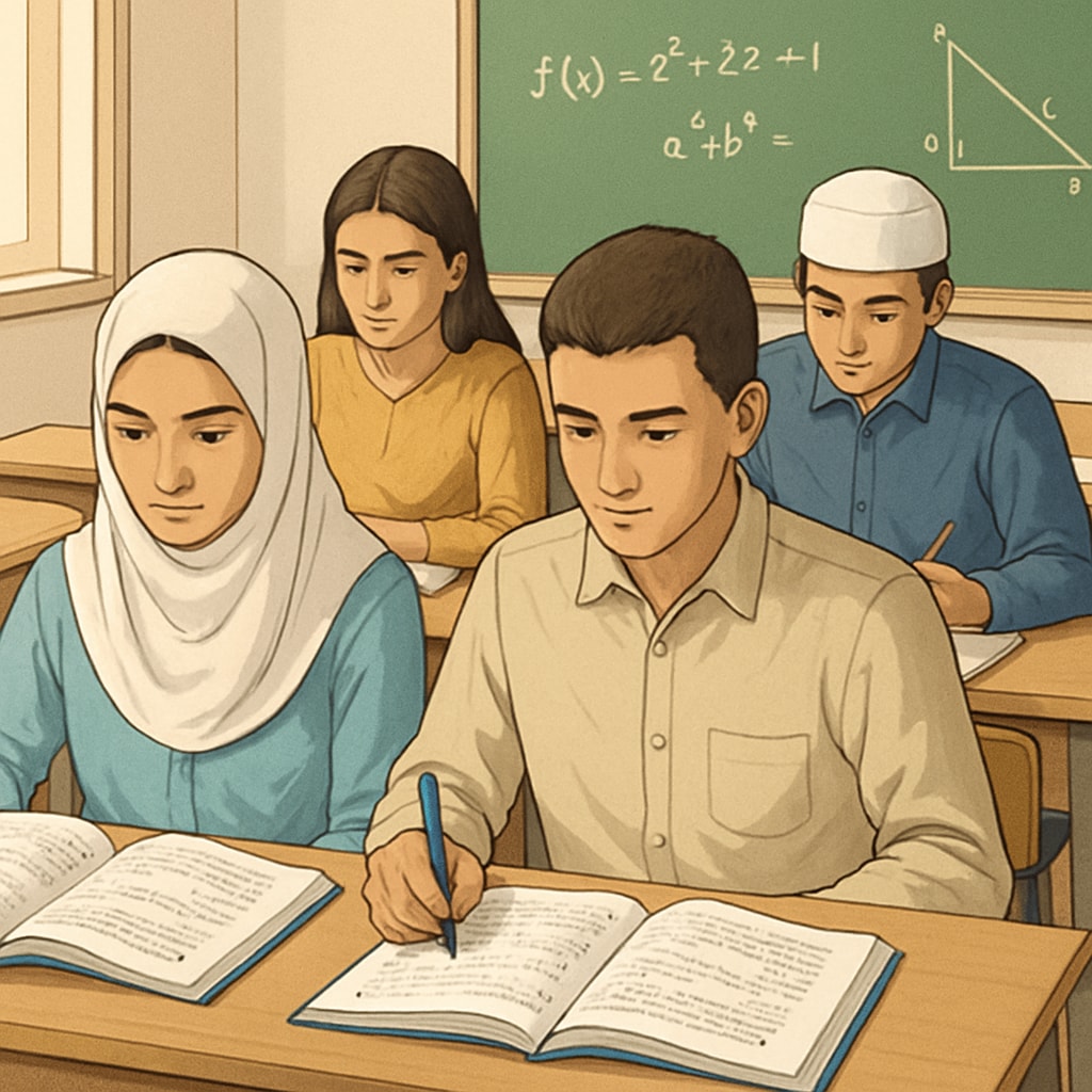 Students in a high school classroom in Algeria studying mathematics with Arabic-language textbooks on their desks. High school students in Algeria learning mathematics using Arabic-language resources.