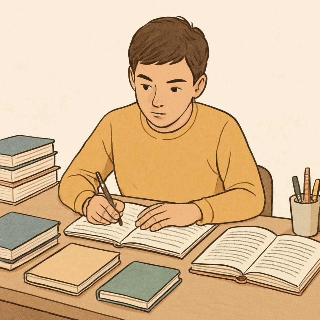 A student sitting at a desk, surrounded by study materials, preparing for an exam. A student preparing for the OAE exam with study resources.