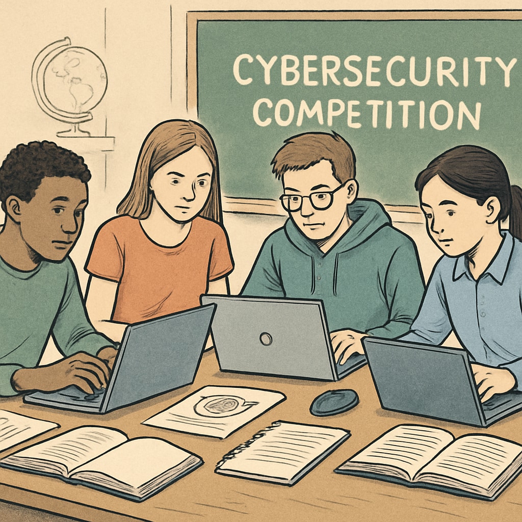 A group of students participating in a cybersecurity competition, working collaboratively on laptops. Students collaborating in a cybersecurity competition to solve challenges.