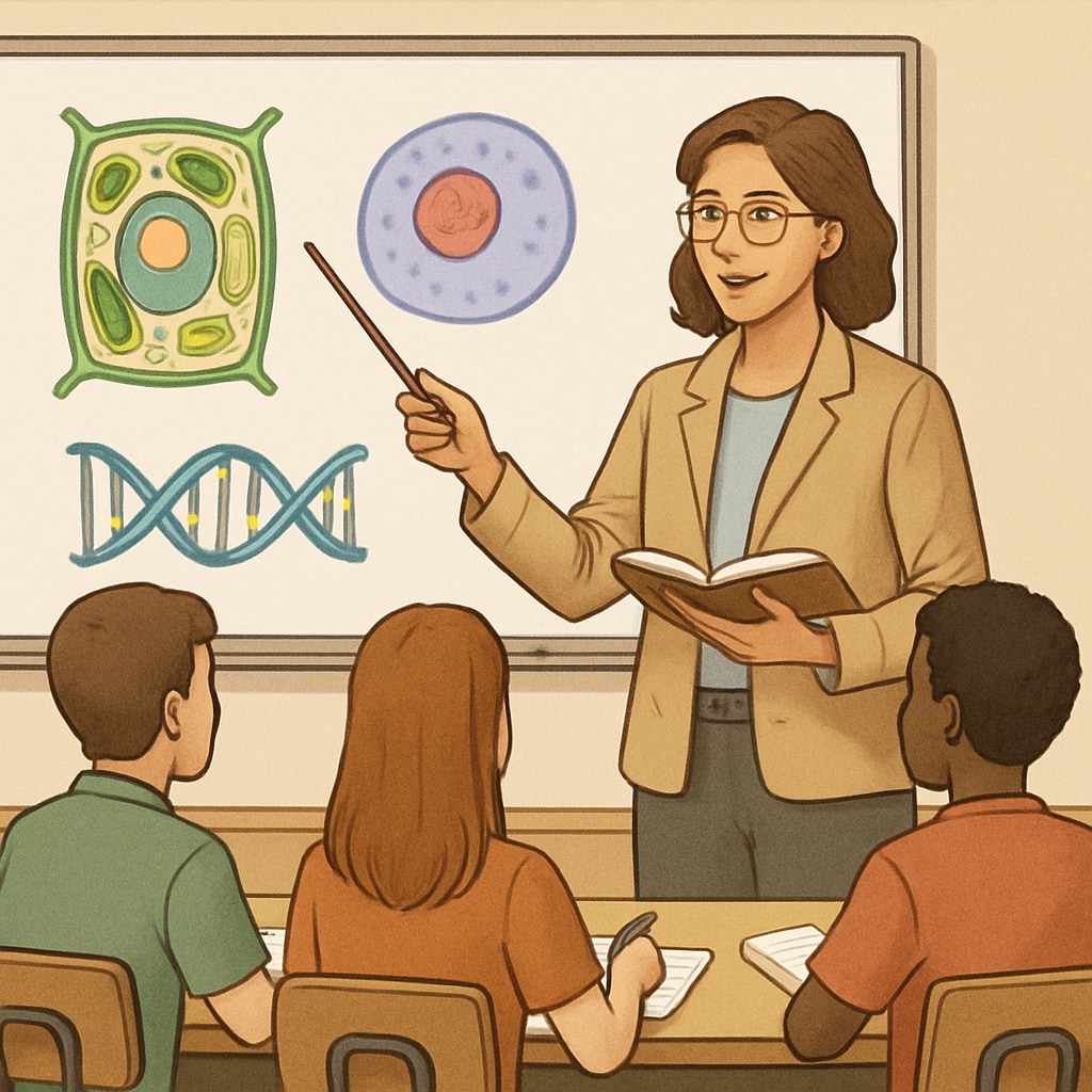 Teacher explaining biology to students, linking biology background and education.