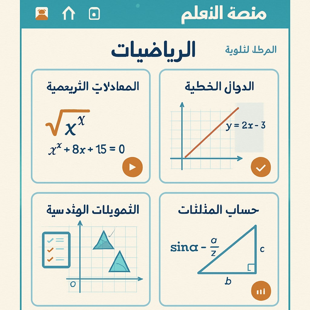 A digital learning platform interface showcasing interactive mathematics modules in Arabic, designed for high school students. Arabic-language digital tools for high school mathematics education.