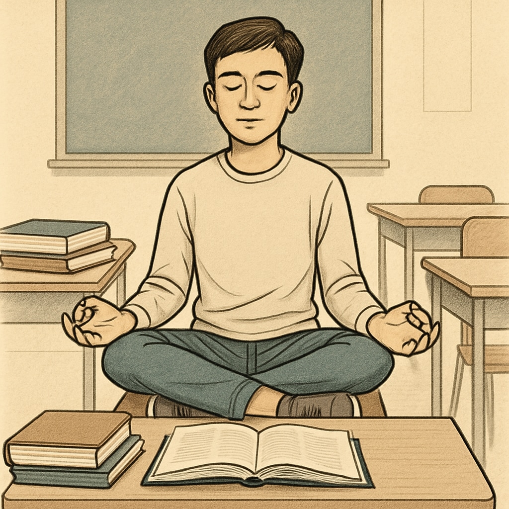 A calm student meditating before an exam, symbolizing stress management techniques. A student practicing relaxation techniques to manage OAE exam anxiety.