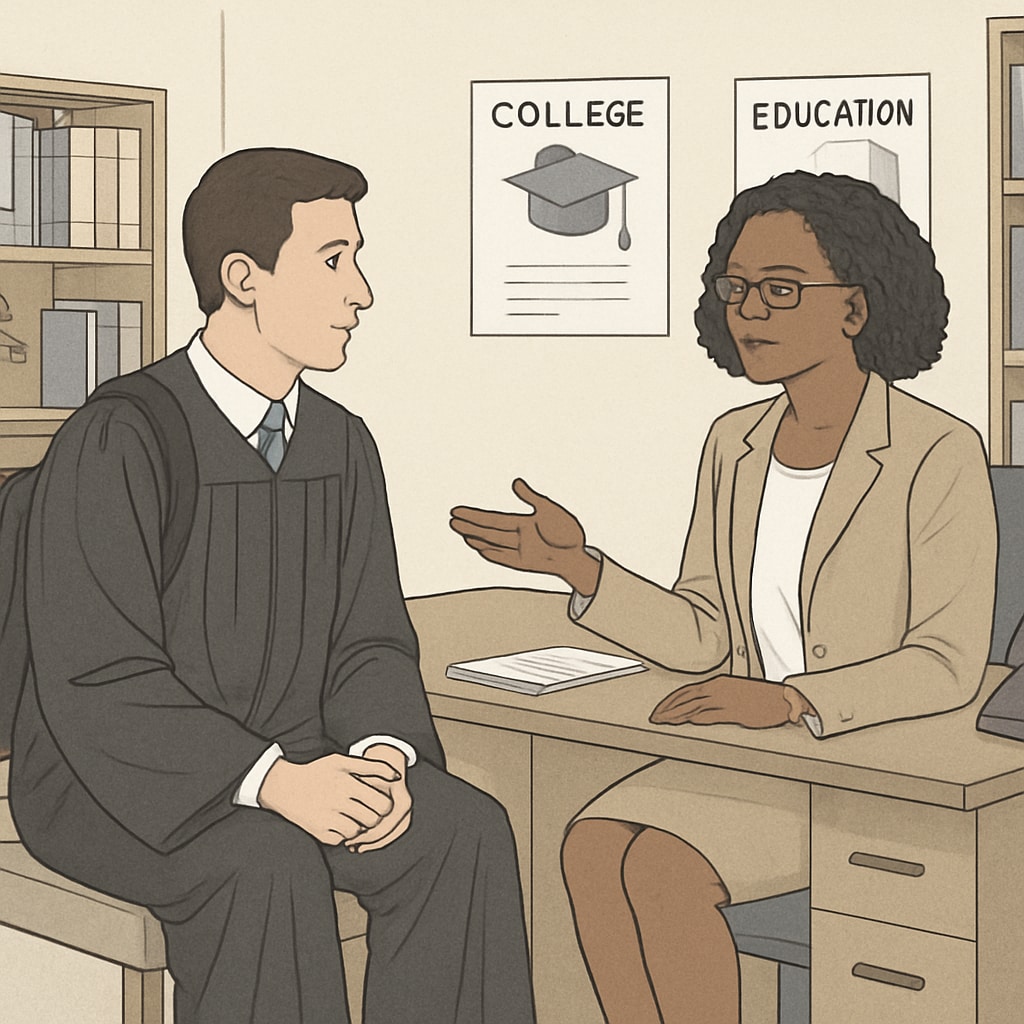 A graduate student interviewing a school counselor in a professional setting. Graduate student conducting school counselor interview for an assignment.
