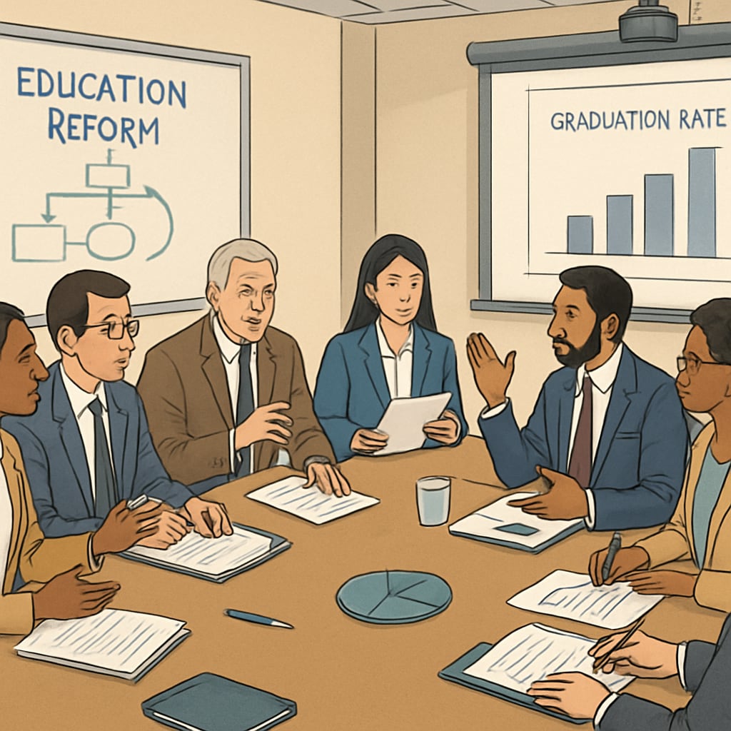 A meeting room filled with policymakers discussing education reform. The image conveys the decision-making process behind education policies. Policymakers discussing the privatization of public education funds.
