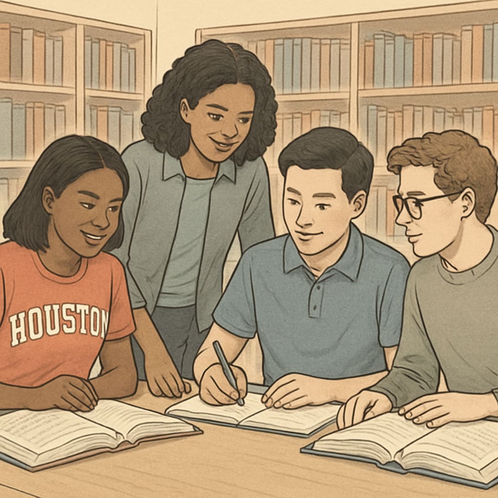 A group of University of Houston students collaborating in a study group in a library setting. The image depicts teamwork and academic engagement, emphasizing the importance of study groups. University of Houston students collaborating in a study group.