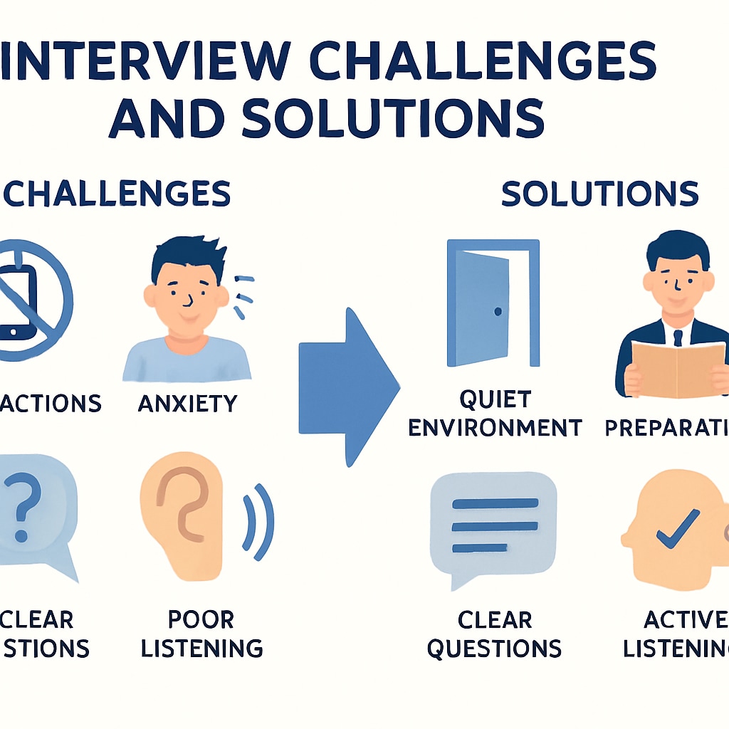 A graphic illustrating the challenges and solutions in conducting interviews. Graphic showcasing challenges and strategies for school counselor interviews.
