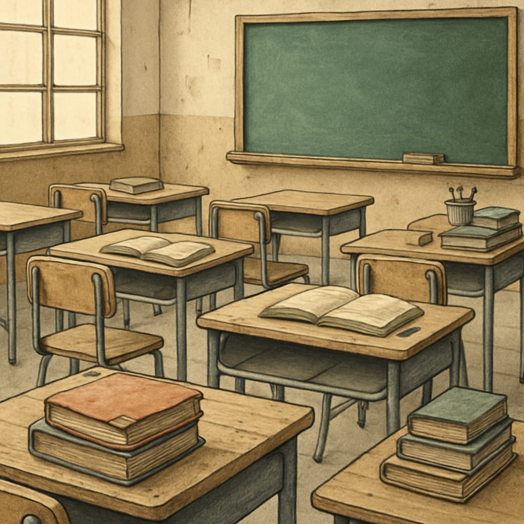A classroom in a public school with outdated textbooks and limited resources. The image illustrates the impact of funding cuts on public schools. A public school classroom with limited resources due to funding cuts.