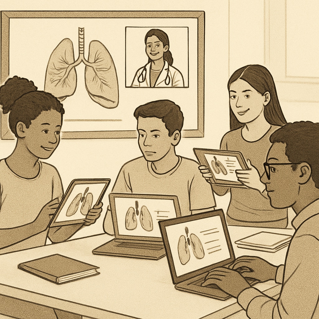 A group of diverse students engaging in an interactive online medical education course using tablets and laptops. Students participating in an online medical education course, showcasing inclusive learning for K12.