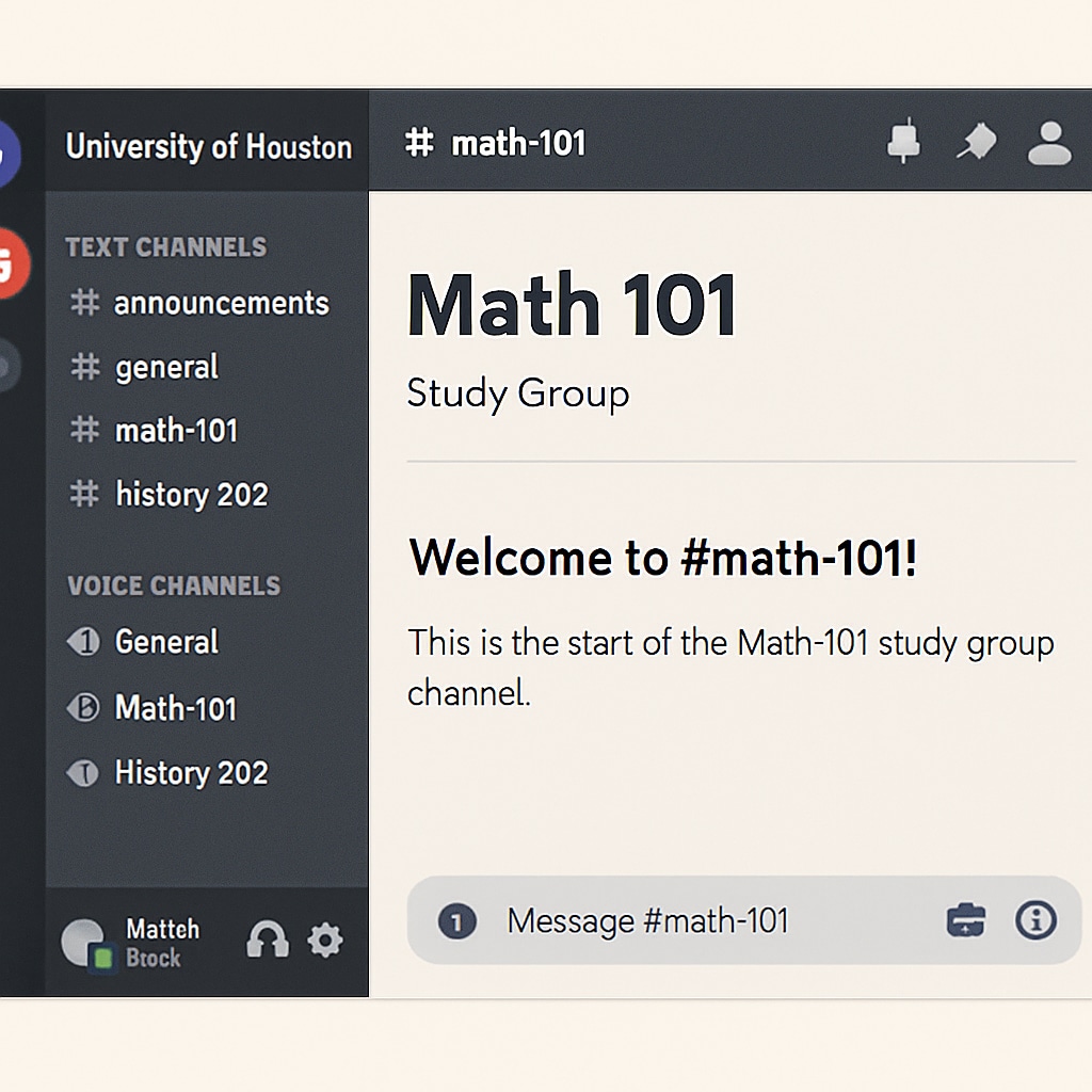 Discord interface screenshot showing organized channels for University of Houston study groups. The image highlights how Discord is used for academic collaboration. Discord interface for University of Houston study groups.