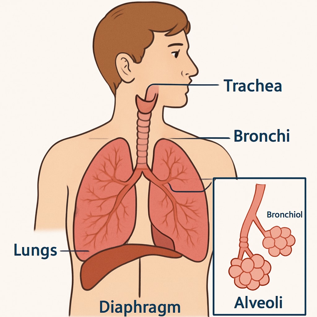 A detailed infographic explaining the human respiratory system, designed for middle school students. Human respiratory system infographic for K12 medical education.