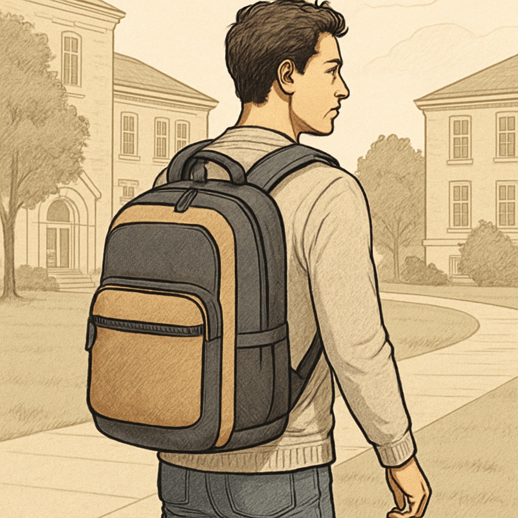 University student carrying a backpack across campus, highlighting practical design.