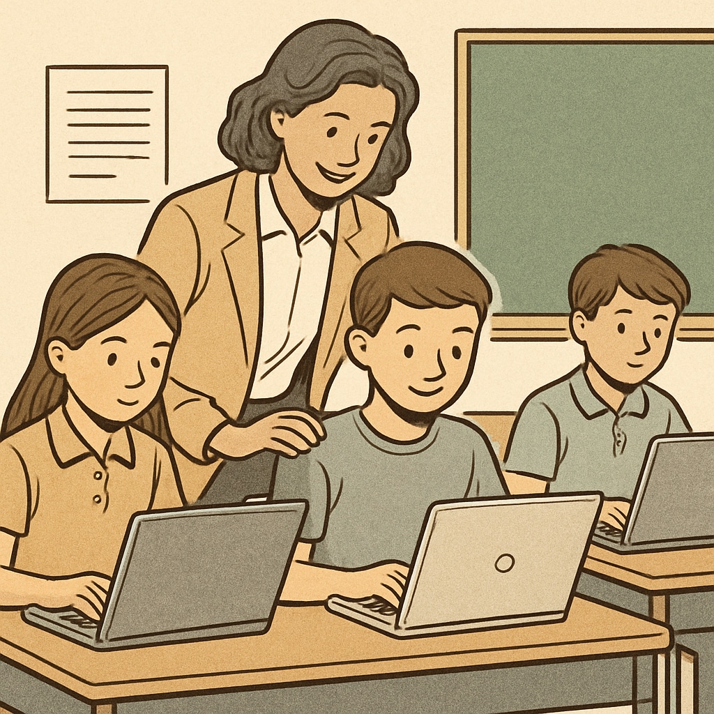 A teacher supervising students using laptops in a classroom setting, symbolizing the role of educators in monitoring AI tool usage. Teacher monitoring students using AI tools in a classroom