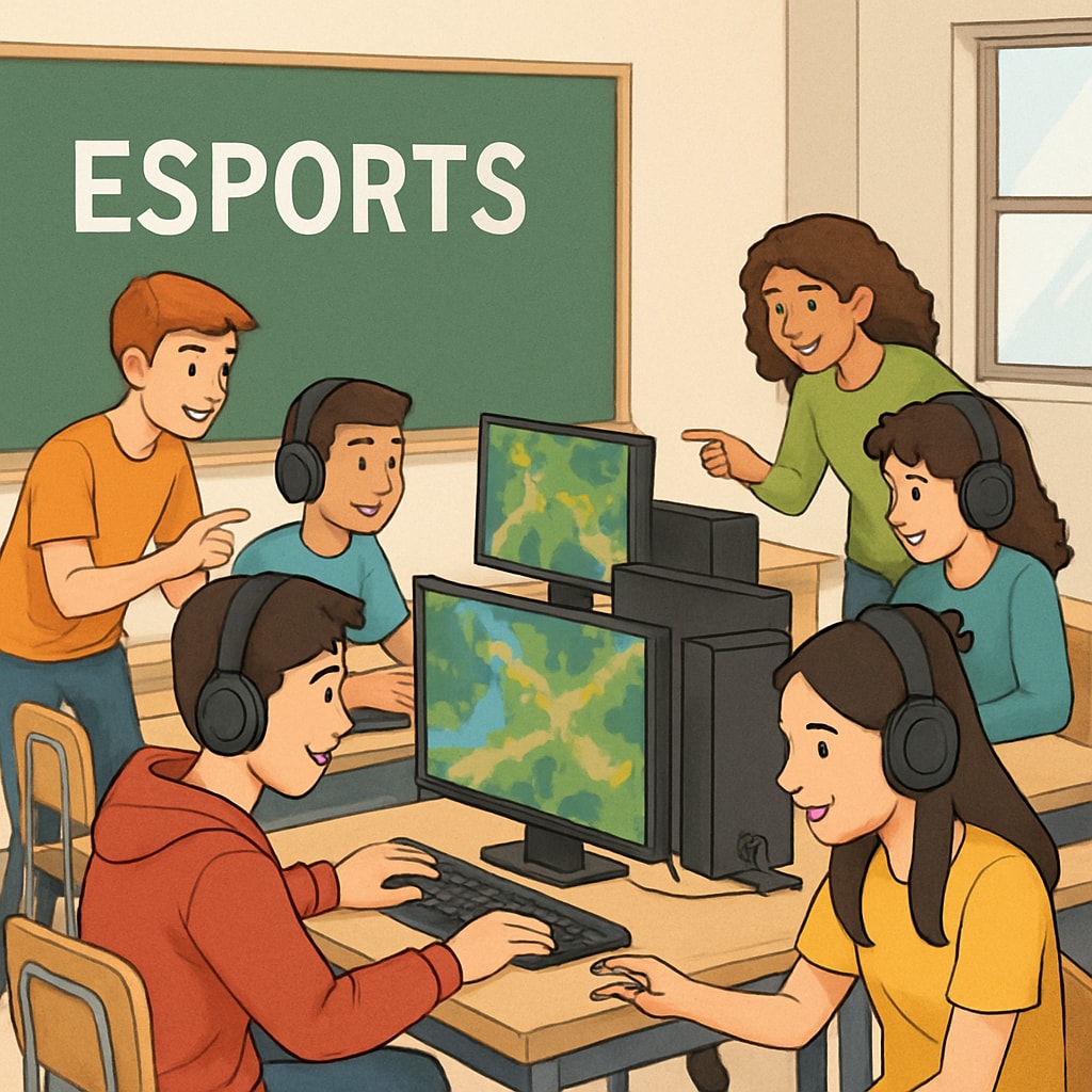 A classroom setting where students are engaged in esports activities, showcasing teamwork and strategic thinking. Students participating in esports for educational purposes, demonstrating teamwork.