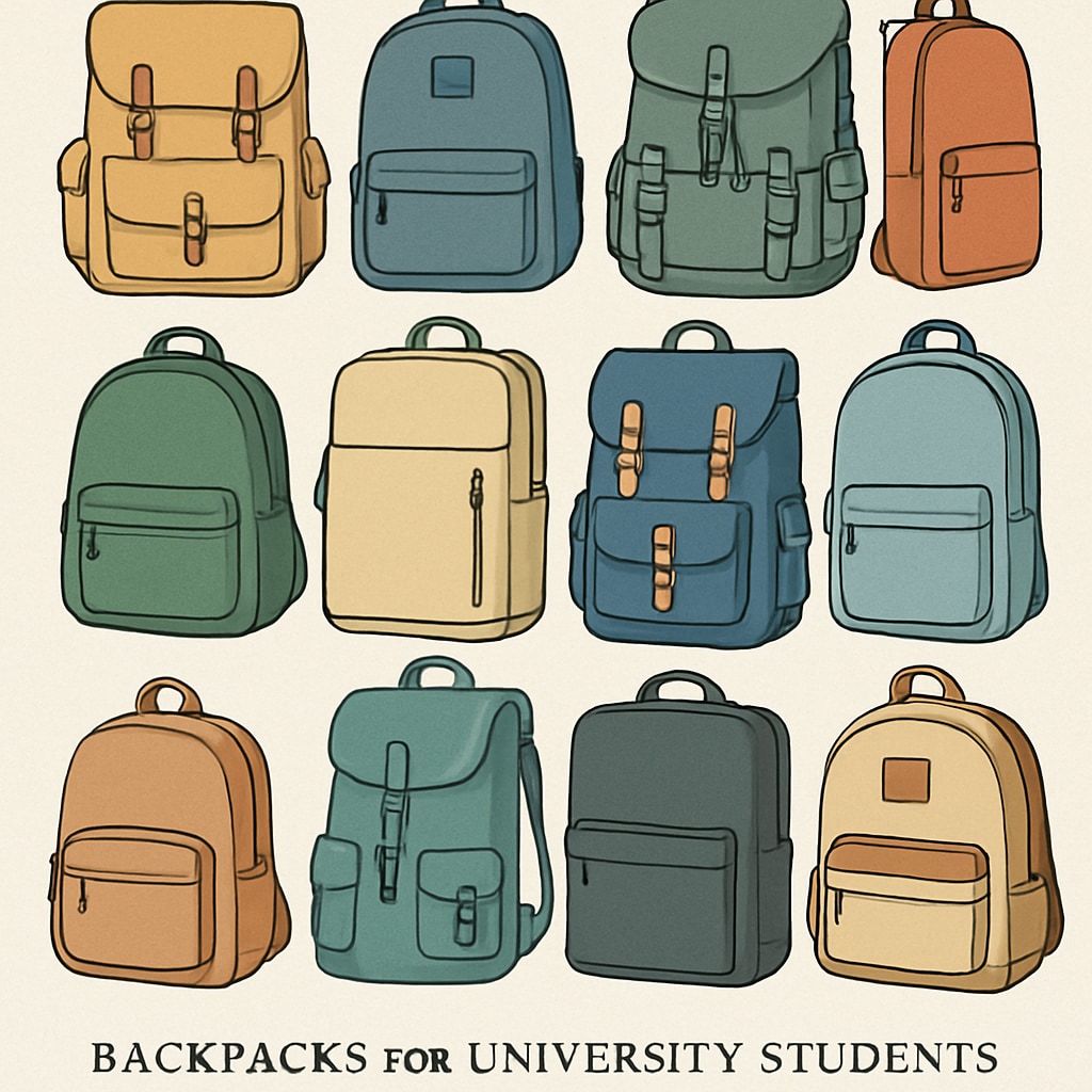 Backpack options for university students, featuring various designs and price tiers.