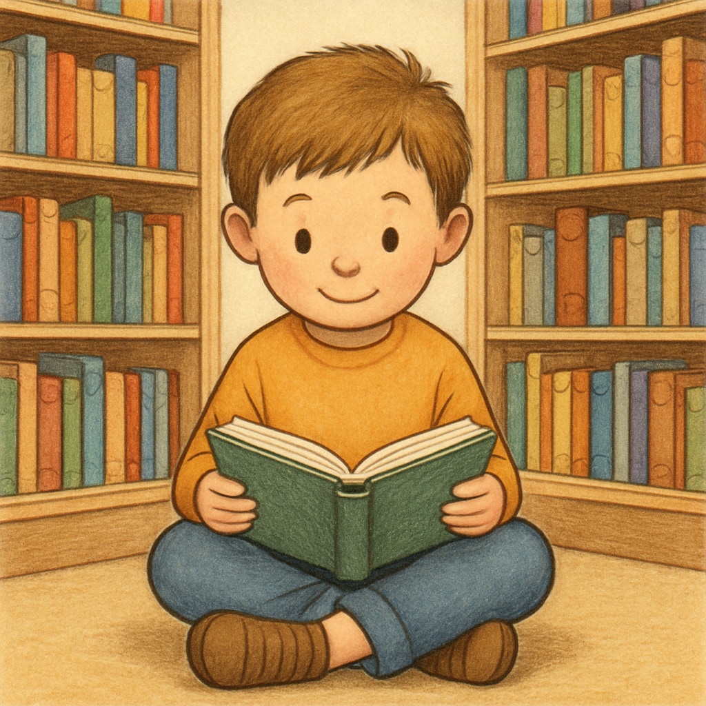 A child reading a book in a library setting, symbolizing curiosity and learning. Child reading book in library setting, representing reading passion and comprehension.