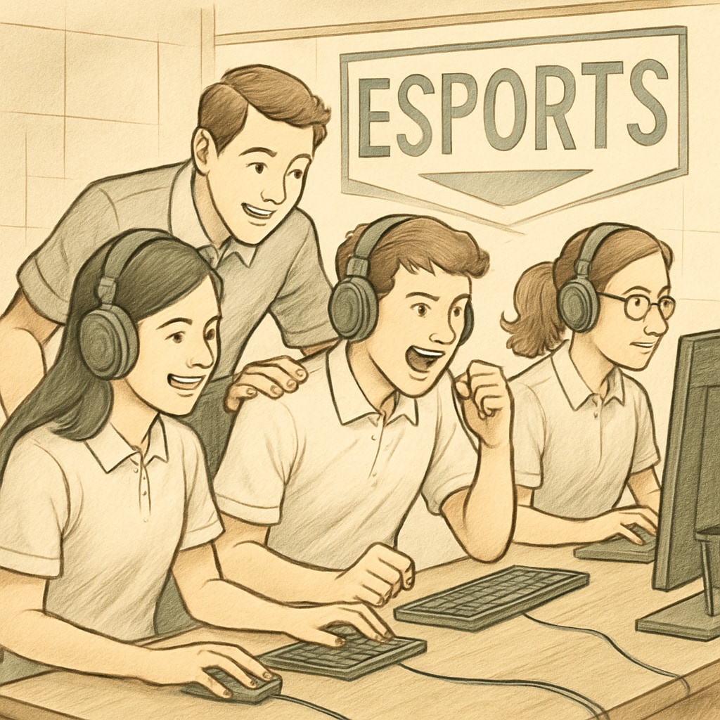 High school students participating in a scholastic esports competition, demonstrating collaboration and enthusiasm. Students in a scholastic esports competition, showcasing game-based learning in action.