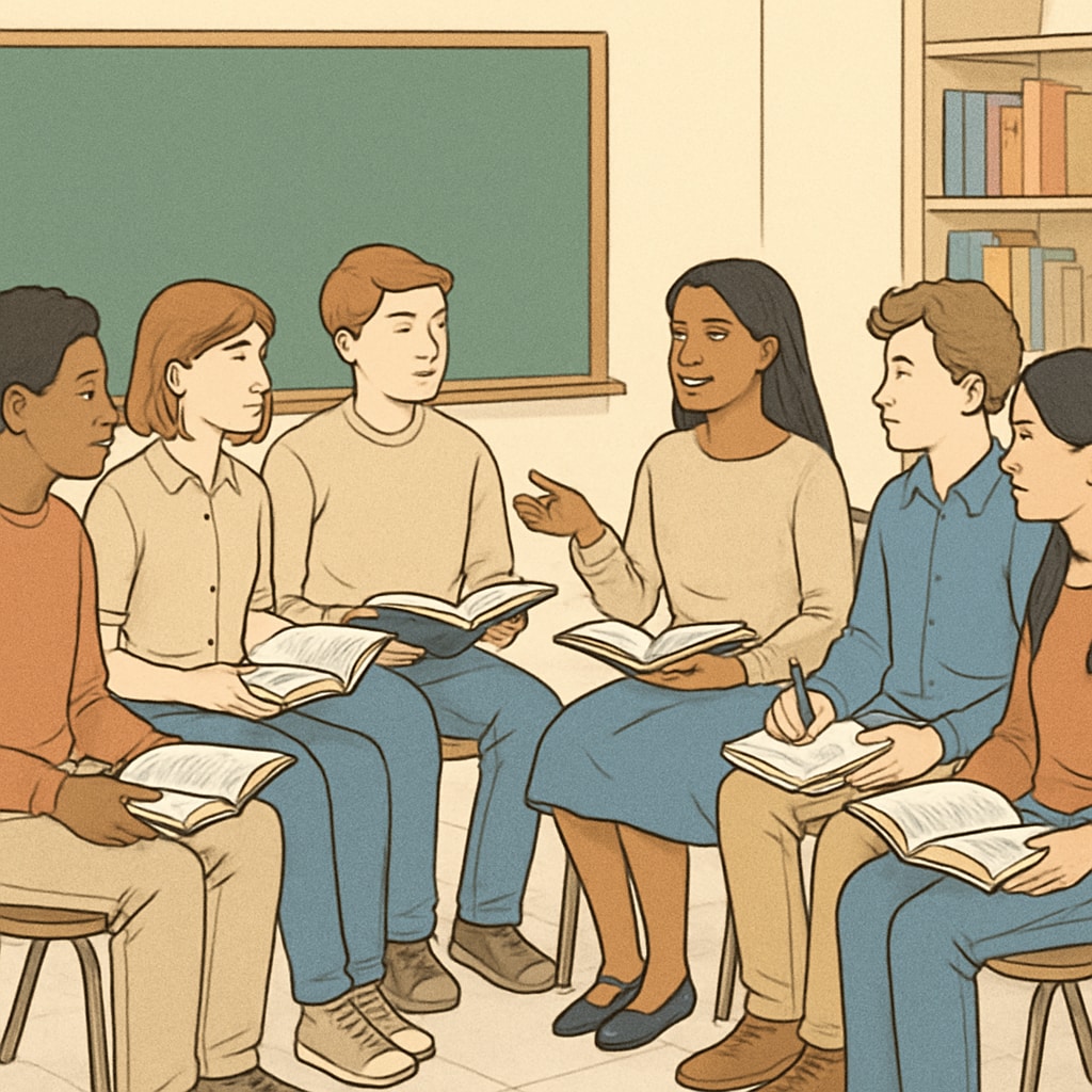 A group of students participating in a book discussion circle, highlighting collaborative learning. Students in a book discussion circle, emphasizing collaborative reading activities.